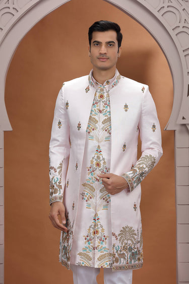 Art Silk Embroidery Pink Readymade 3 Piece Indo Western For Men