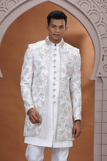 White Art Silk Fabric Readymade 3 Piece Indo Western For Men