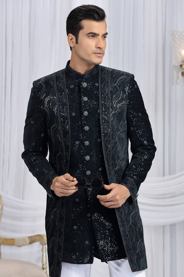 Velvet Silk Fabric Dark Teal Wedding Wear Indo Western For Men