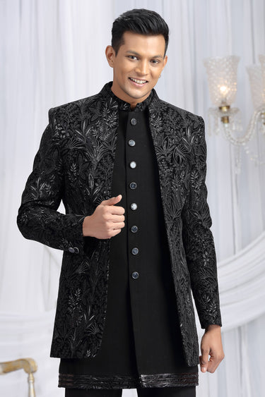 Black Velvet Silk Readymade Indo Western For Men