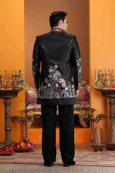 Art Silk Black Wedding Wear 3 Piece Indo Western For Men