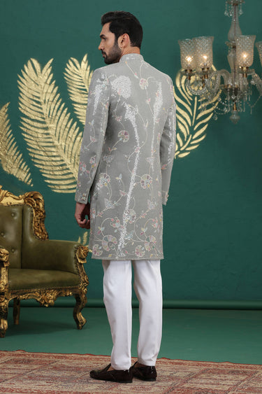 Art Silk Fabric Grey Wedding Wear 3 Piece Indo Western For Men