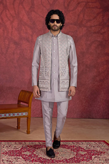 Art Silk Embroidered Grey Function Wear Kurta Pyjama With Jacket For Men