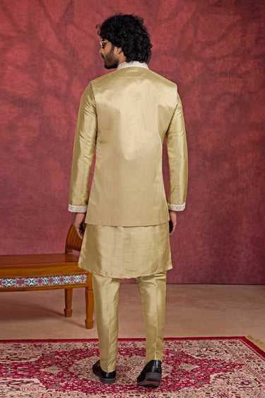 Light Brown Art Silk Readymade Men Kurta Pyjama With Jacket