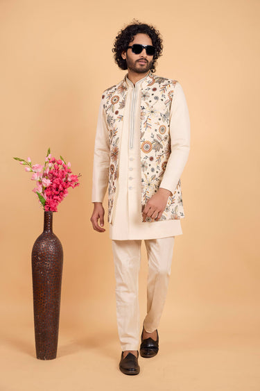 Art Silk Fabric Cream Wedding Wear Readymade Kurta And Aligadhi Pant For Men