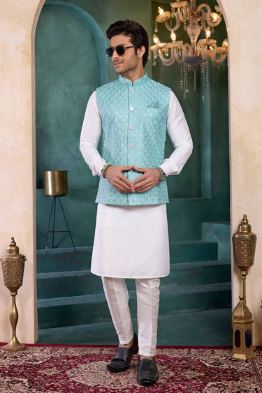 Art Silk Fabric Off White Wedding Wear Readymade Kurta And Aligadhi Pant With Embroidered Jacket For Men