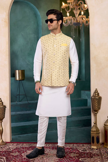 Off White Jacquard Men Readymade Kurta And Aligadhi Pant With 3 Pcs Jacket Set For Men