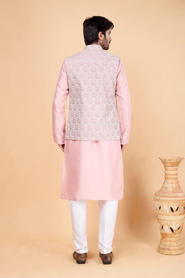 Art Silk Fabric Pink Readymade Kurta And Aligadhi Pant With 3 Pcs Jacket Set For Men