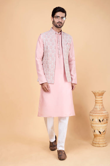 Art Silk Fabric Pink Readymade Kurta And Aligadhi Pant With 3 Pcs Jacket Set For Men