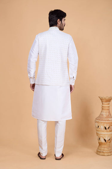 Off White Wedding Wear Readymade Kurta And Aligadhi Pant With Embroidered Jacket For Men