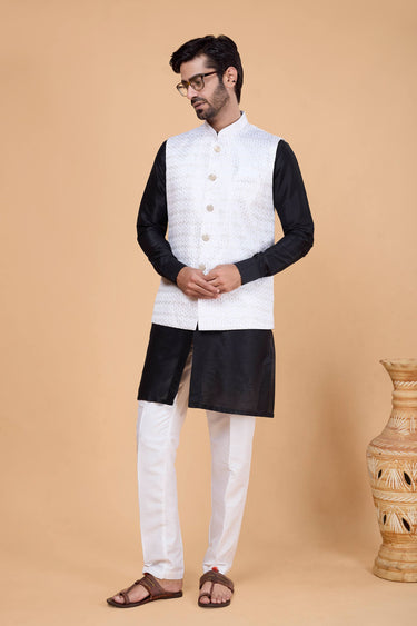 Art Silk Fabric Black Men Readymade Kurta And Aligadhi Pant With Embroidered Jacket