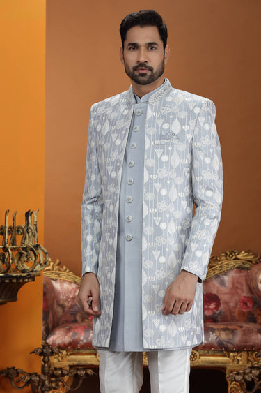 Grey Wedding Wear Art Silk Fabric Readymade Indo Western