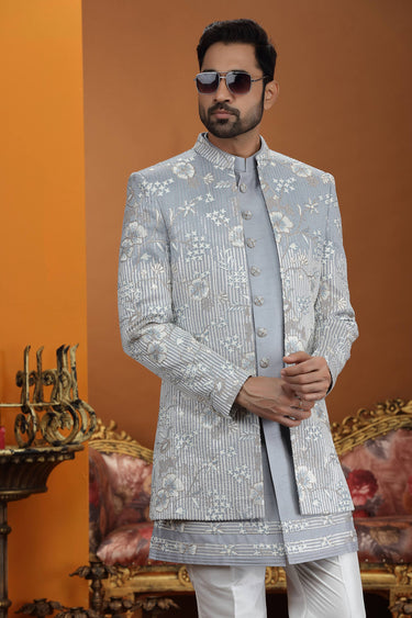 Art Silk Fabric Grey Color Readymade Indo Western For Wedding Wear