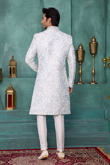 Art Silk Fabric White Wedding Wear Readymade Sherwani For Men