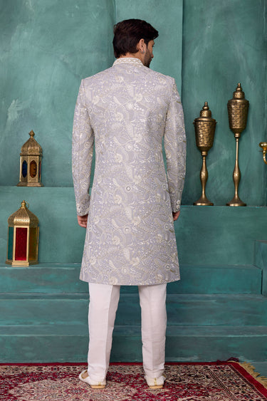 Art Silk Fabric Grey Wedding Wear Readymade Sherwani For Men