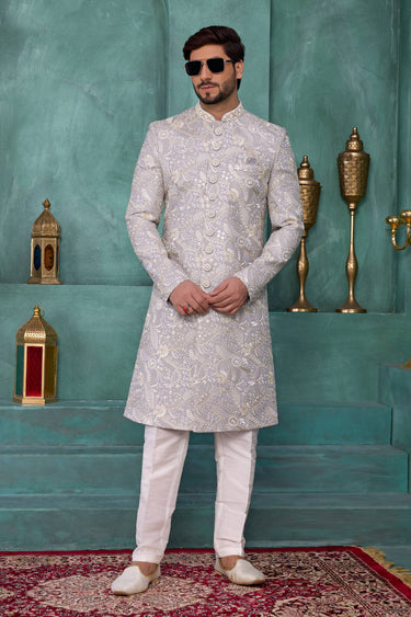 Art Silk Fabric Grey Wedding Wear Readymade Sherwani For Men
