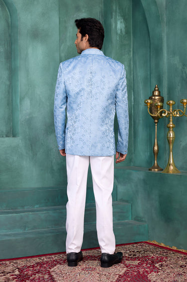 Jacquard Silk Blue Wedding Wear Readymade Jodhpuri Jacket