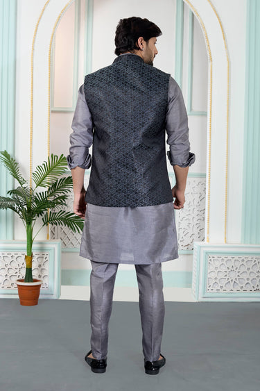Jacquard Fabric Grey Men Readymade Kurta And Aligadhi Pant With Jacket For Wedding Wear
