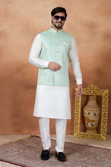 Jacquard Fabric Wedding Wear Beige Readymade Kurta And Aligadhi Pant For Men