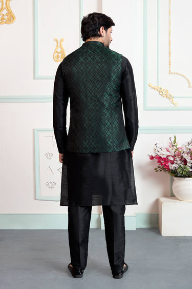 Dark Green Jacquard Fabric Men Readymade Kurta And Aligadhi Pant With Jacket For Wedding Wear