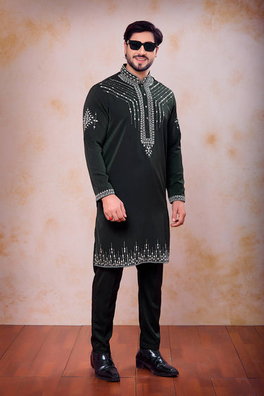 Fancy Fabric Embroidered Olive Green Readymade Kurta With Aligadhi Pant For Men