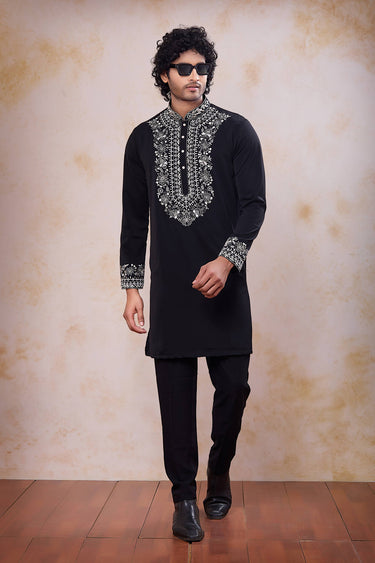 Black Wedding Wear Fancy Fabric Embroidered Readymade Kurta With Aligadhi Pant For Men