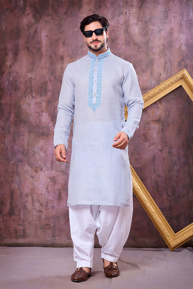 Sky Blue Sangeet Wear Cotton Readymade Kurta With Patiyala Style Bottom For Men