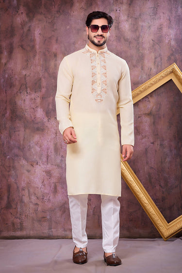 Yellow Sangeet Wear Embroidered Readymade Kurta With Aligadhi Pant For Men