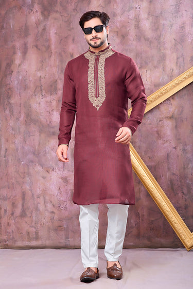 Embroidered Maroon Sangeet Wear Readymade Kurta With Aligadhi Pant For Men
