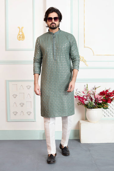 Art Silk Fabric Green Festive Wear Readymade Kurta With Aligadhi Pant For Men