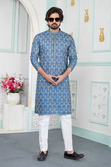 Art Silk Fabric Blue Festive Wear Readymade Kurta Pyjama For Men