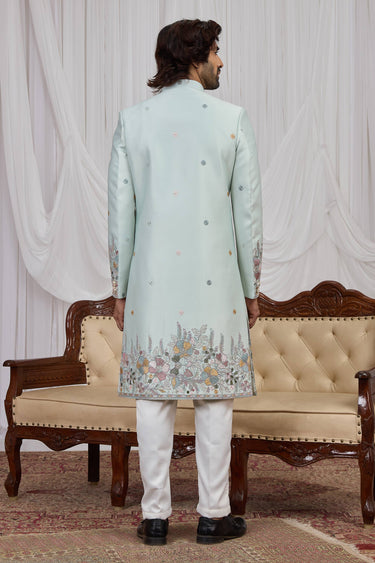 Sea Green Wedding Wear Art Silk Fabric Readymade Indo Western For Men
