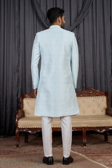 Sky Blue Wedding Wear Jacquard Fabric Readymade Indo Western For Men