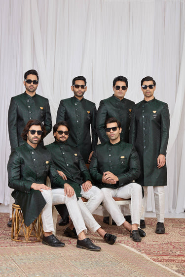 Jacquard Fabric Dark Green Wedding Wear  Readymade Indo Western For Men