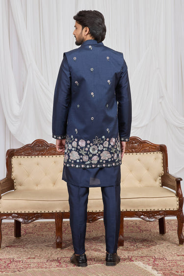 Embroidered Navy Blue Sangeet Wear Readymade Kurta Pyjama With Jacket For Men
