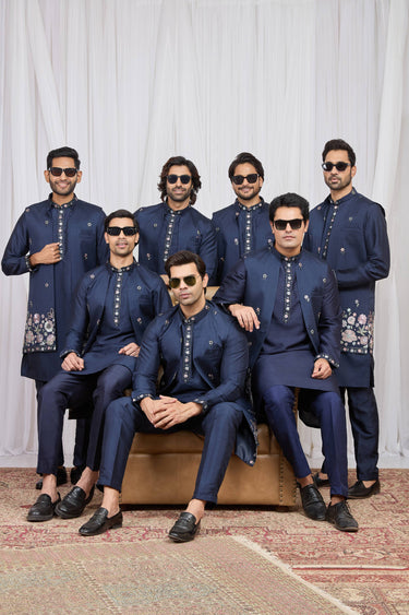 Embroidered Navy Blue Sangeet Wear Readymade Kurta Pyjama With Jacket For Men