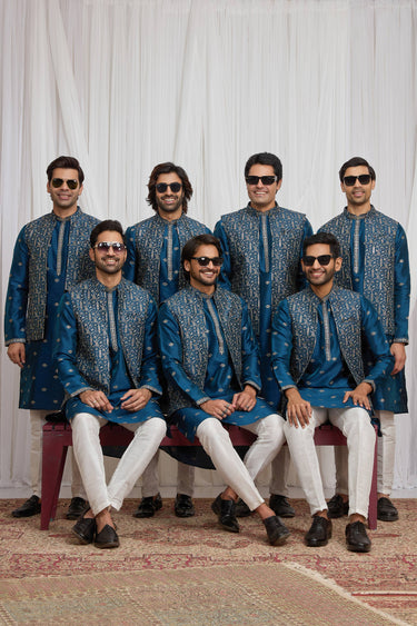 Teal Sangeet Wear Art Silk Readymade Kurta Pyjama With Jacket For Men