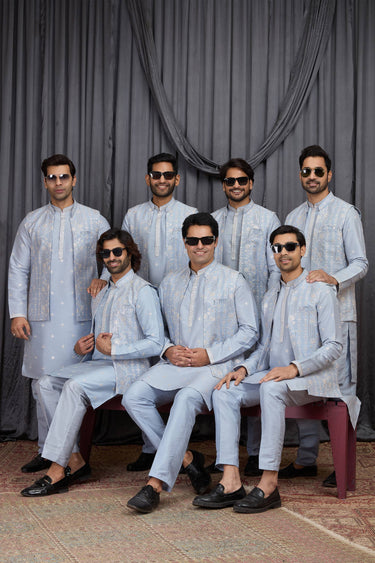 Embroidered Sky Blue Sangeet Wear Readymade Kurta Pyjama With Jacket For Men