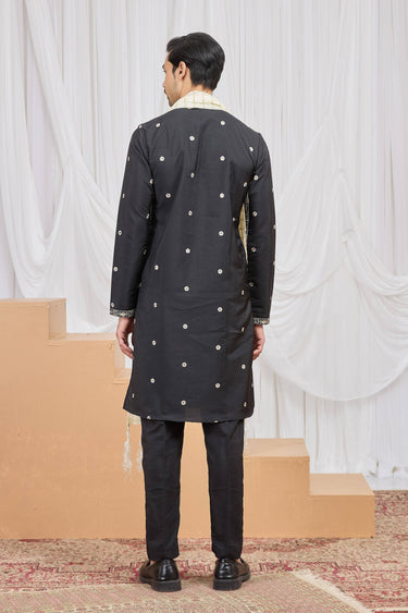 Embroidered Art Silk Black Readymade Kurta Pyjama With Dupatta For Men