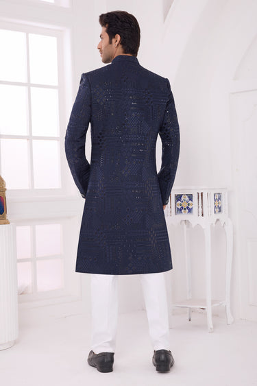 Mens Traditional Thread Work Navy Blue Fancy Silk Ethnic Indo Western Sherwani Set With Aligadhi Pant