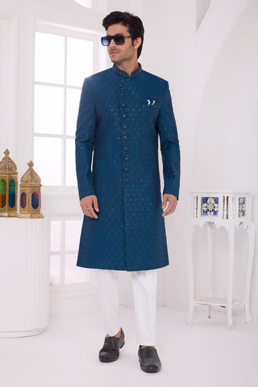 Mens Elegant Thread Embroidery Rich Silk Party Wear Indo Western Sherwani With Aligadhi Pant