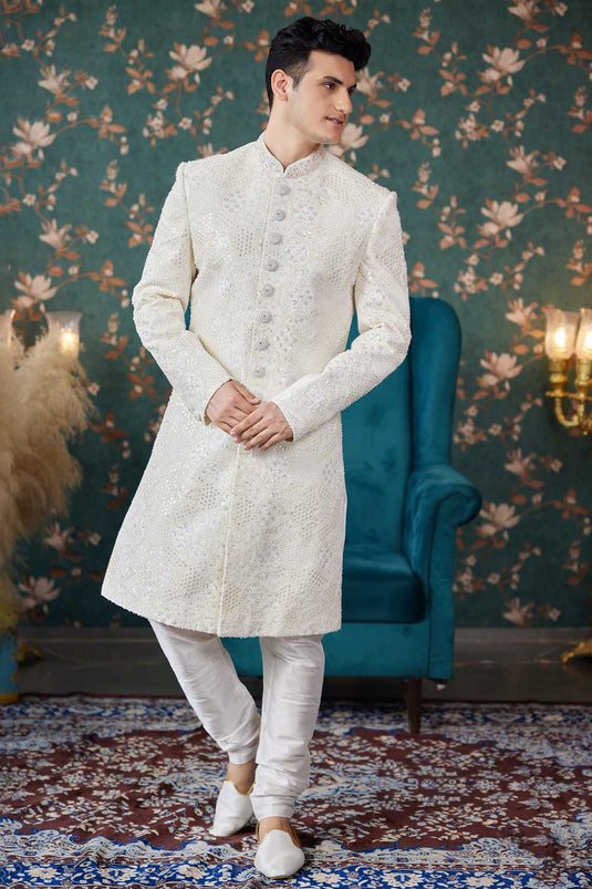 Attractive Cream Color Wedding Wear Sherwani For Men In Art Silk Fabric