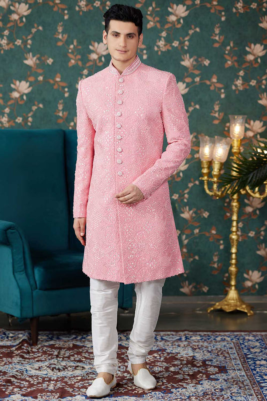 Enriching Pink Color Wedding Wear Readymade Art Silk Fabric Sherwani For Men