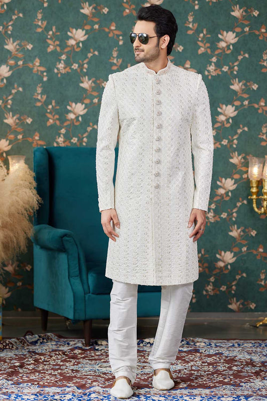 Splendiferous Cream Color Art Silk Fabric Sherwani For Men