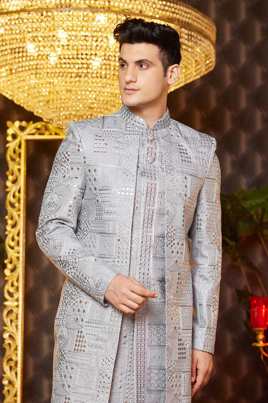 Grey Color Art Silk Fabric Wedding Wear 3 Piece Indo Western For Men