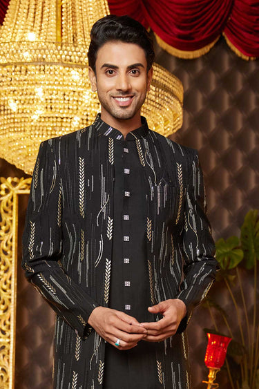 Black Wedding Wear 3 Piece Indo Western For Men In Art Silk Fabric