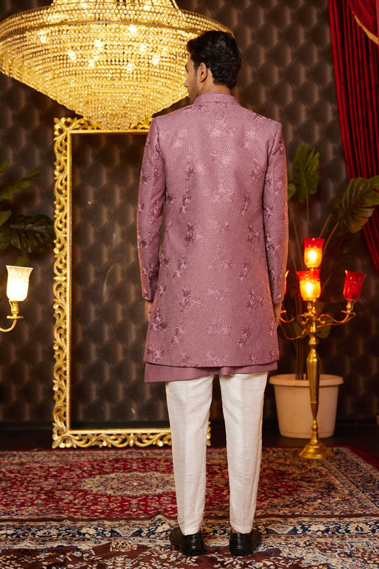 Art Silk Fabric Heavy Embroidered Pink Color 3 Piece Indo Western For Men