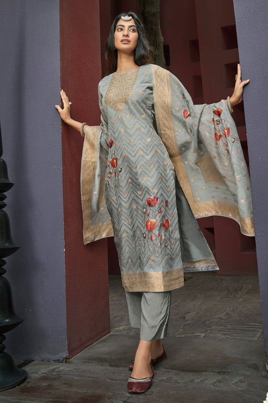 Attractive Digital Printed Grey Color Casual Salwar Kameez In Chanderi Jacquard Fabric