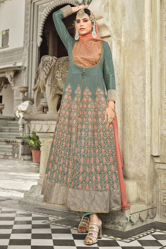 Grey Color Festive Wear Heavy Embroidered Designer Anarkali Salwar Suit In Silk Fabric