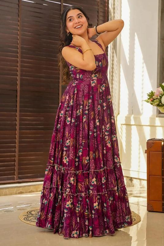 Printed Purple Color Rayon Anarkali Gown